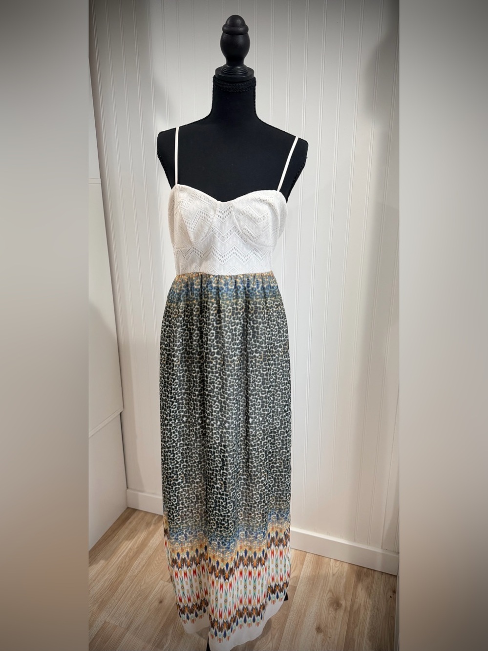 Trixxi White Crochet Bodice Maxi Dress with Multicolor Printed Skirt